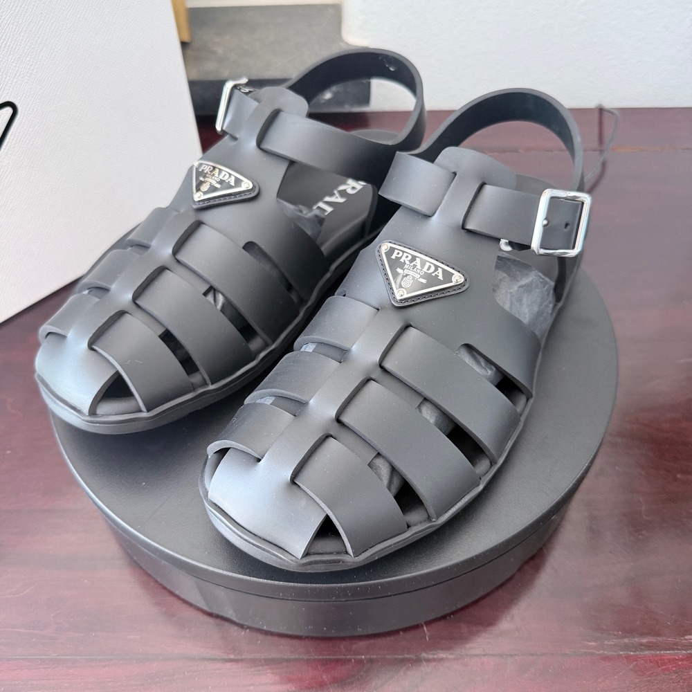 Prada 2X3119 Rubber Fisherman Sandals Black Logo Cage Slingback Mens Shoes UK9